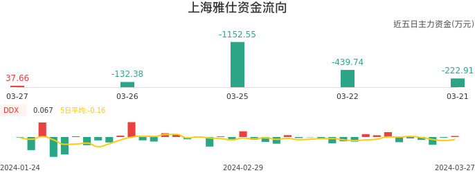 资金面-资金流向图：上海雅仕股票资金面分析报告